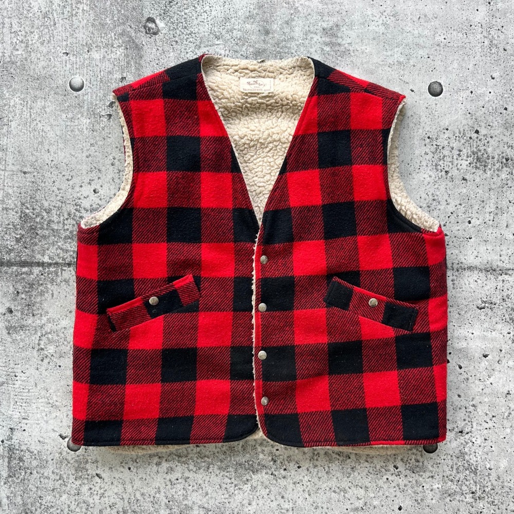 Vintage Traverse Bay Woolens Vest Men XL Red Buffalo Plaid Faux Shearling 70s